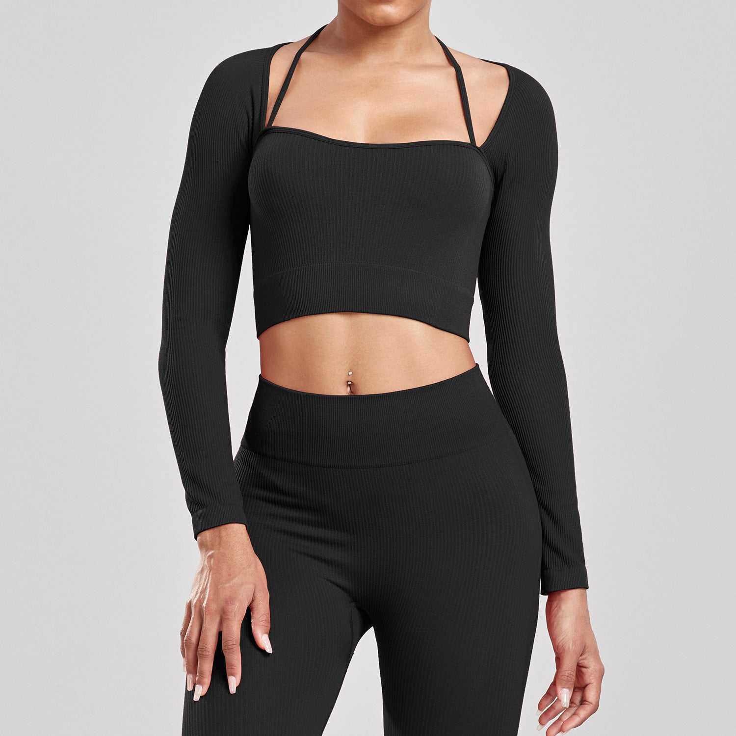 Seamless Yoga & Fitness Set – Long Sleeve Crop Top + High-Waist Leggings for Women