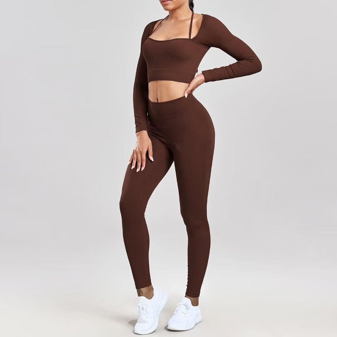 Seamless Yoga & Fitness Set – Long Sleeve Crop Top + High-Waist Leggings for Women
