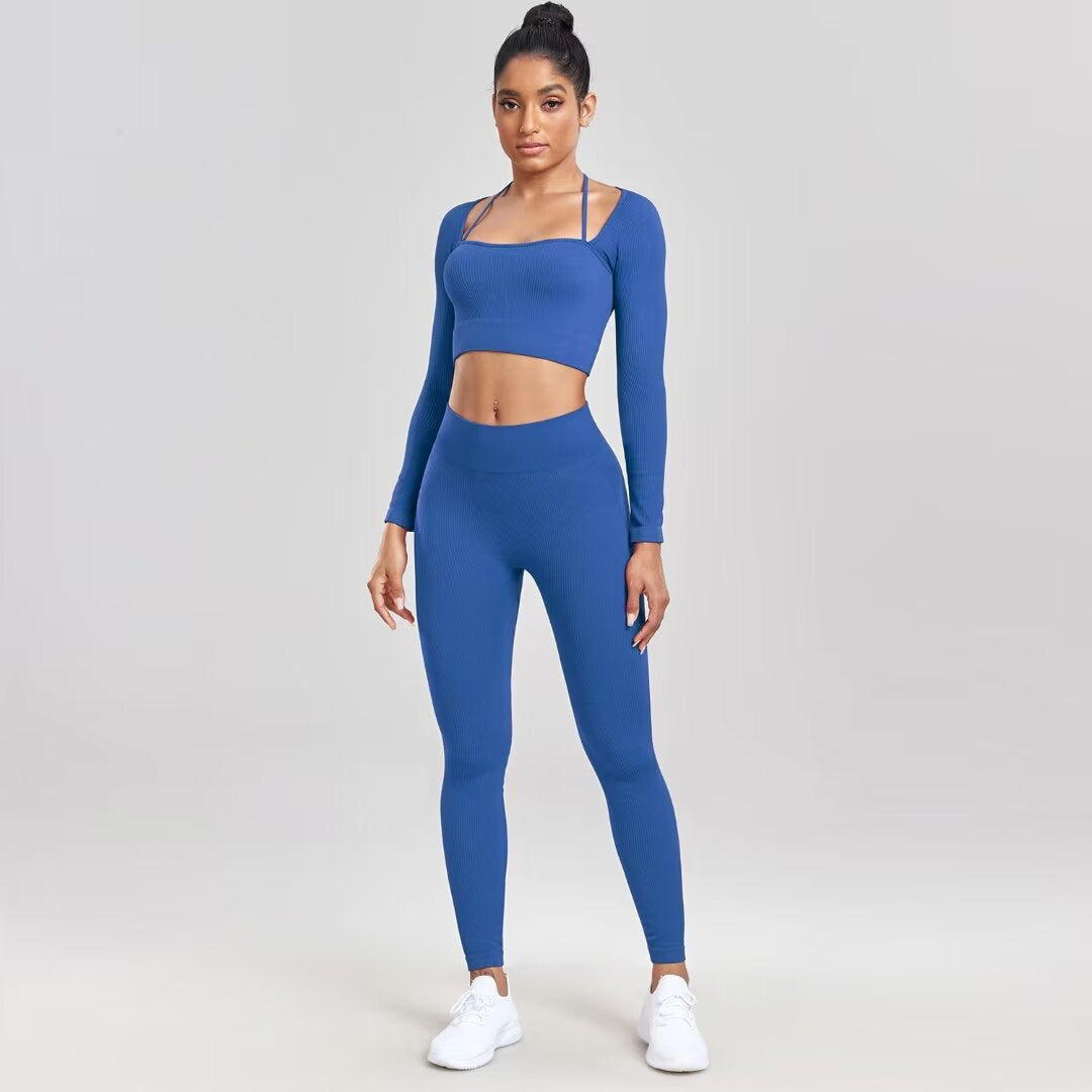 Seamless Yoga & Fitness Set – Long Sleeve Crop Top + High-Waist Leggings for Women
