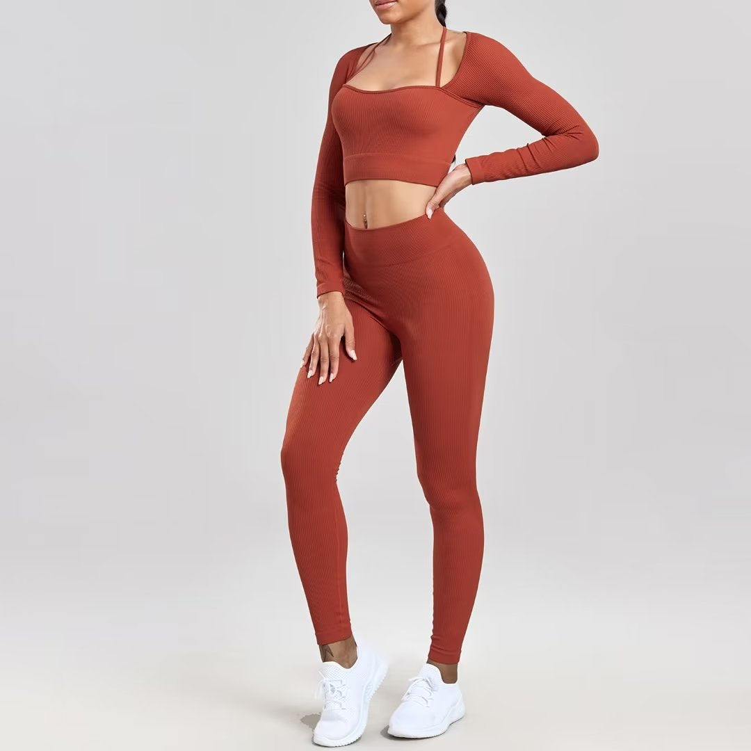 Seamless Yoga & Fitness Set – Long Sleeve Crop Top + High-Waist Leggings for Women