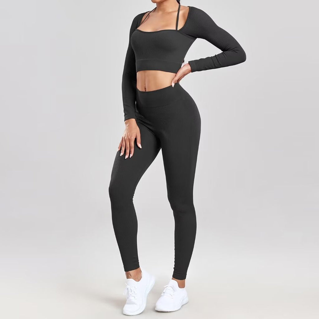 Seamless Yoga & Fitness Set – Long Sleeve Crop Top + High-Waist Leggings for Women