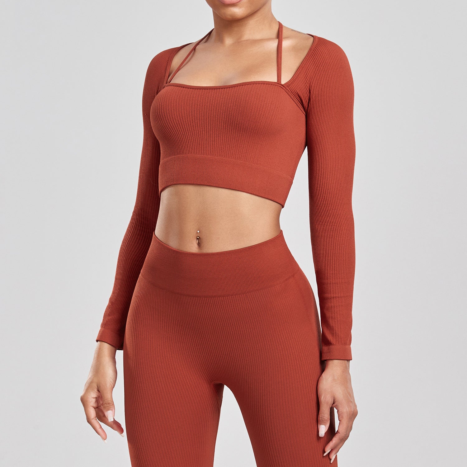Seamless Yoga & Fitness Set – Long Sleeve Crop Top + High-Waist Leggings for Women