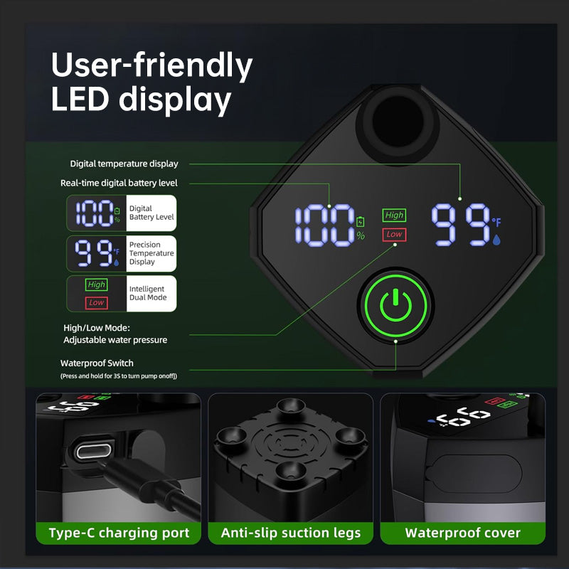 Portable Camping Shower – 6000mAh Rechargeable Battery with Digital Display