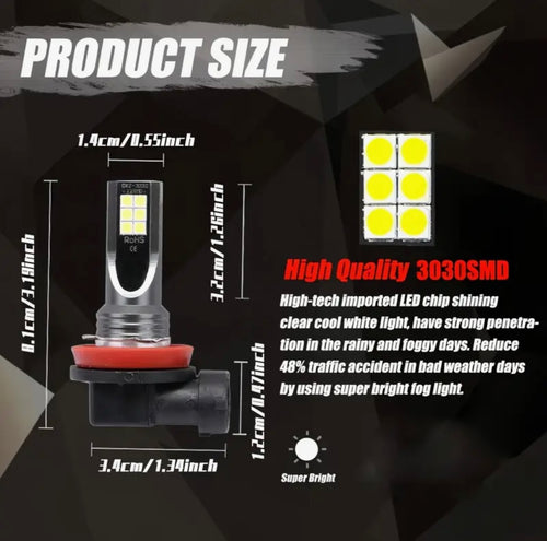 2PCS H11 LED Fog Light Bulbs 6000K 12x3030SMD — Super Bright