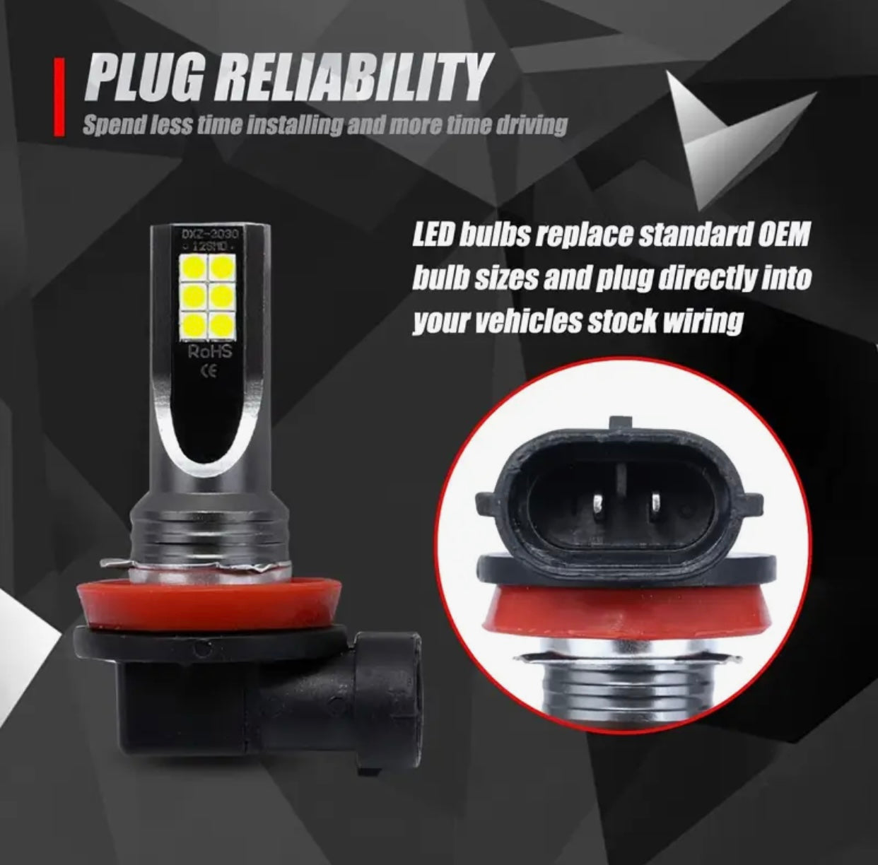 2PCS H11 LED Fog Light Bulbs 6000K 12x3030SMD — Super Bright