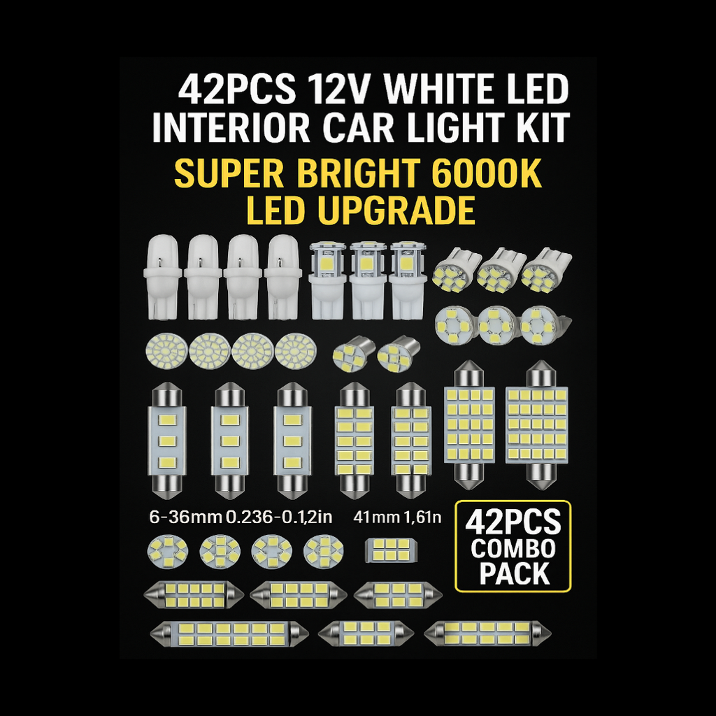 42PCS 12V LED Interior Car Light Kit – Super Bright 6000K White Light Upgrade